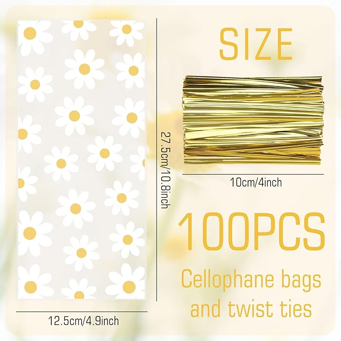 Whaline 100Pcs Daisy Cellophane Bag with Gold Twist Ties White Flower Plastic Candy Cookie Bags Floral Cello Goodie Bags for Spring Summer Boho Hippie Daisy Flower Party Birthday Baby Shower Wedding