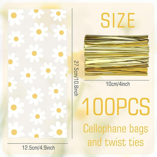 Whaline 100Pcs Daisy Cellophane Bag with Gold Twist Ties White Flower Plastic Candy Cookie Bags Floral Cello Goodie Bags for Spring Summer Boho Hippie Daisy Flower Party Birthday Baby Shower Wedding