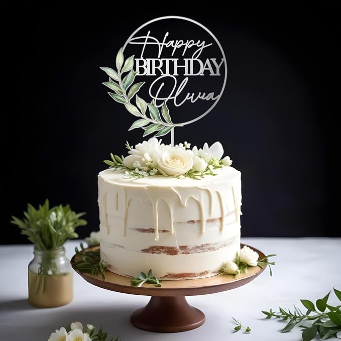 Happy Birthday Cake Topper Custom Name Personalized Birthday Cake Decoration with Green Leaves (Style 01)