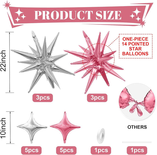 Pink Silver Star Balloon,6Pcs 22Inch Explosion Star Balloons and 10Pcs 10Inch Four Angle Balloons Kit for Birthday Anniversary Baby Shower Wedding Party Decorations