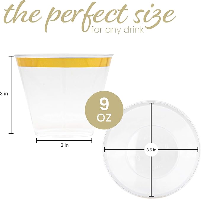 PLASTICPRO 9 oz Disposable Plastic Party Cups,Old fashioned Designed Tumblers, With gold Rim 200 Count, Crystal Clear