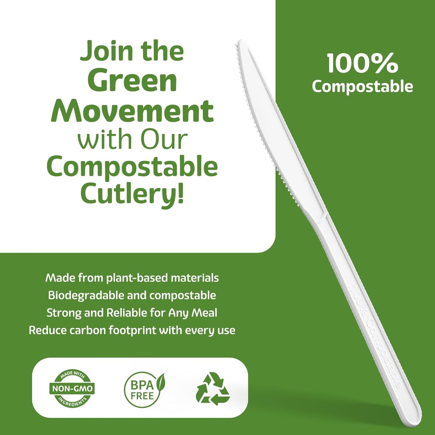 100% Compostable PLA Knives Bulk Pack 400 Pcs Biodegradable Disposable Plastic Cutlery Utensils