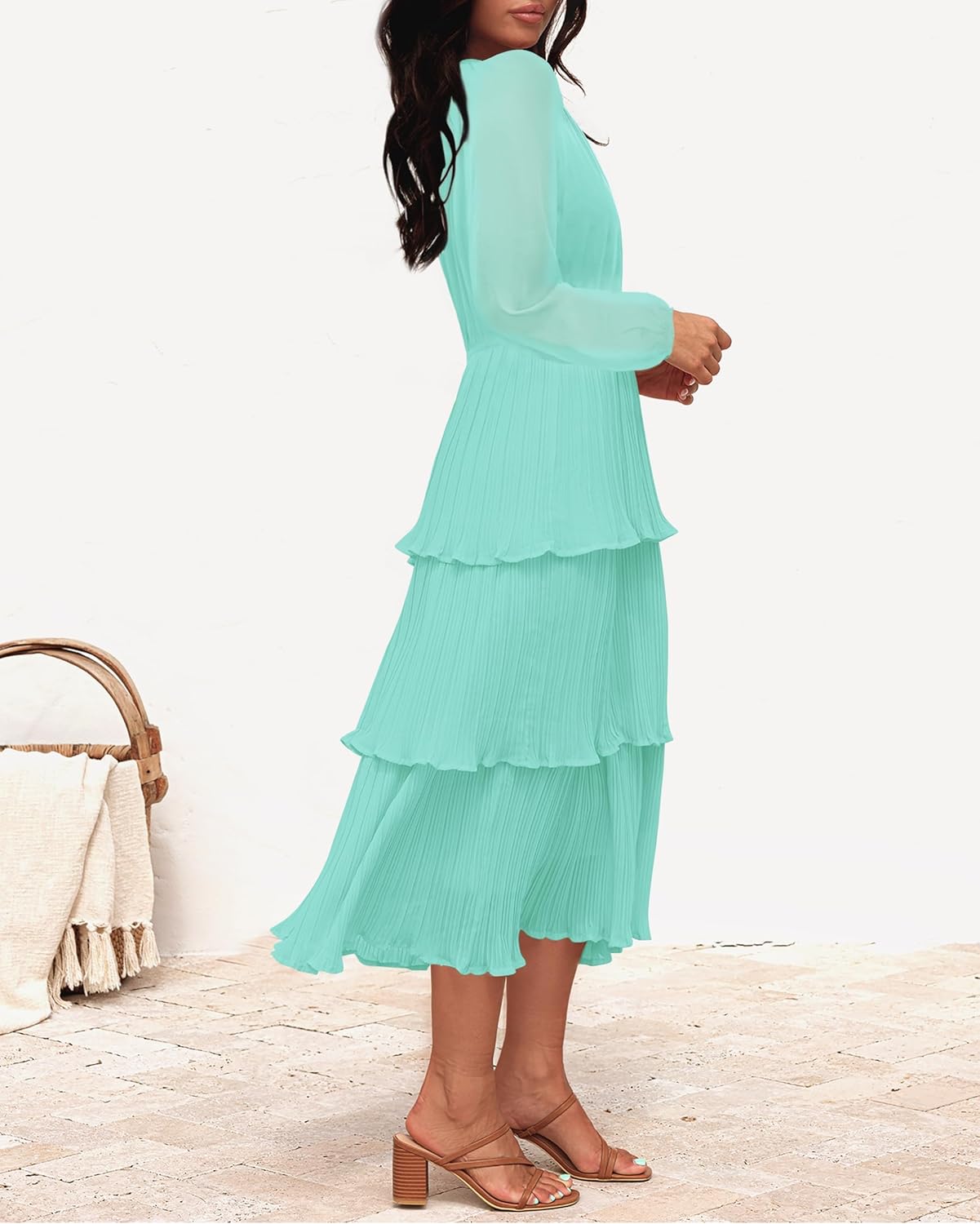ZESICA Women's 2025 Long Sleeve Crew Neck Ruffle Tiered Layered Chiffon Flowy Swing Long Midi Dress