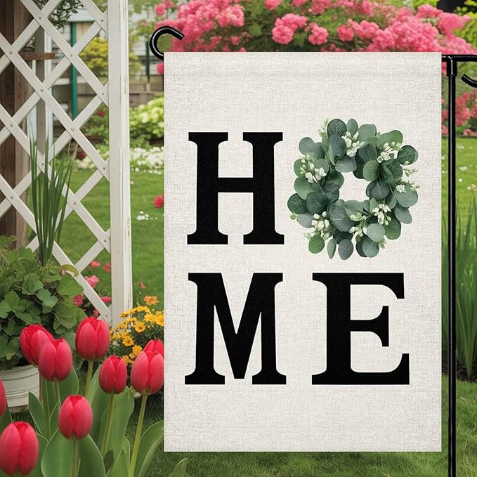 Garden Flag Home Green Eucalyptus Leaves Garland,Welcome House Flags for Outdoor Yard Porch, Retro Linen Double Sided Holiday Banner for Party Home Decor