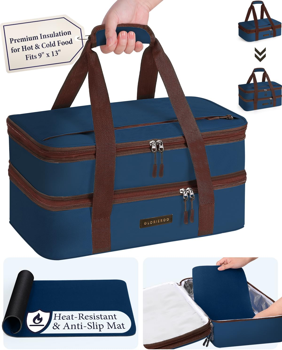Insulated Casserole Carrier for Hot or Cold Food 9x13 - Double Deck Food Container Bag Warmer with Heat-Resistant Mat for Potluck Parties Picnic Cookouts Fits 9" x 13" Casserole or Baking Dish