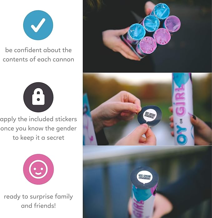 Gender Reveal Confetti & Powder Smoke Cannon | 3 Pink & 3 Blue Poppers | Biodegradable | Alternative to Gender Reveal Smoke Bombs Extinguisher Spray, Baby Gender Reveal Decorations, TUR Party Supplies