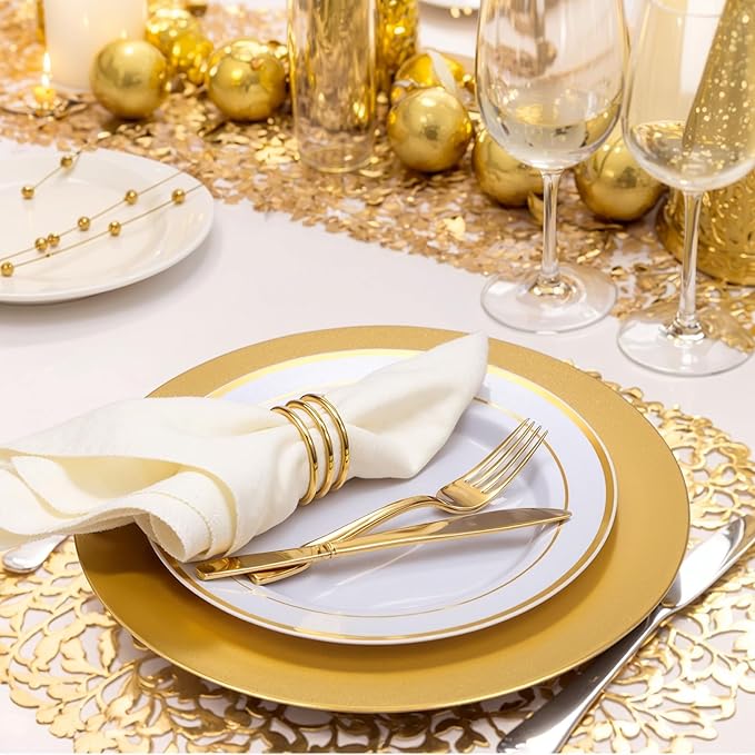 EI 13 Inch Gold Charger Plates,20pcs Round Charger Plates Bulk,Plastic Plate Chargers & Service Plate for Wedding,Party