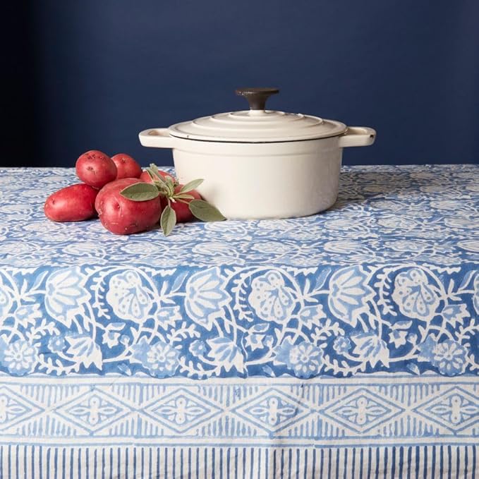 Block Print Cotton Dining Table Cloth, 90" x 60", Rectangle Tablecloth, Decorative Fabric Table Cover, Holidays, Thanksgiving, Christmas, Weddings, Housewarming Gift (White Blue Floral)
