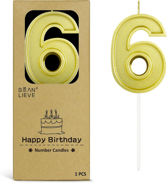BEAN LIEVE Gold Birthday Candles Number 6, Gold Number Candles, Cake Number Candles for Birthday Parties and Wedding Anniversary Celebrations