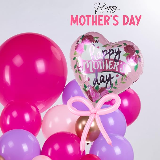 Mothers day Balloon Garland Kit Hot Pink and Rose gold Rustic Elegant Party Decorations with Foil Heart Letters Floral Basket Daisy Balloons for Indoor Outdoor Premium Party Supplies