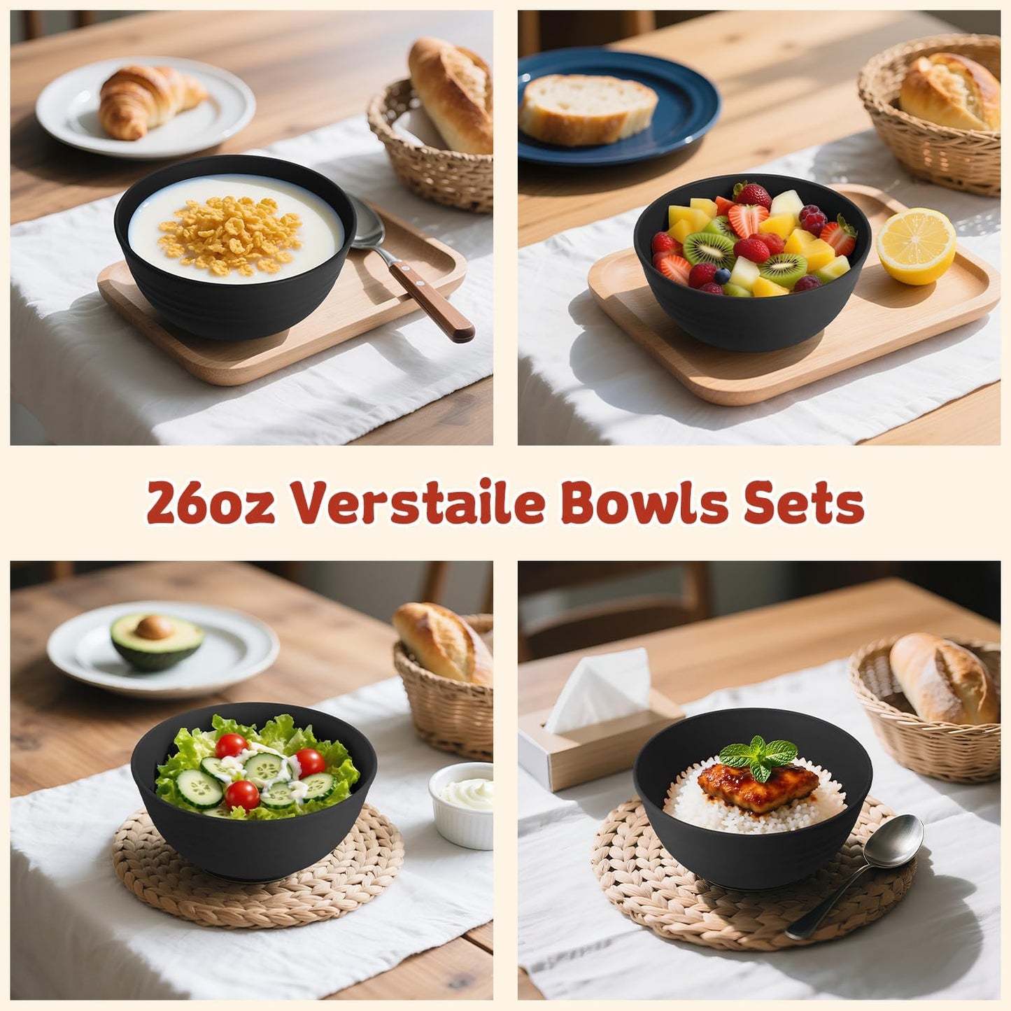 Wrova Wheat Straw Camping Bowls Sets of 6,Unbreakable 26oz Lightweight Bowls Sets for Outdoors Activity,Breakfast Bowls for Cereal and Salad.Black Series