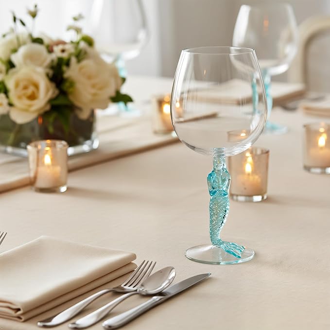 Supreme Housewares Mermaid Stem Wine Glasses, Blue Mermaid-Shaped Reusable Shatterproof Acrylic Glass for Red or White Wine, Poolside, Outdoors, Parties, 17 oz, Set of 2