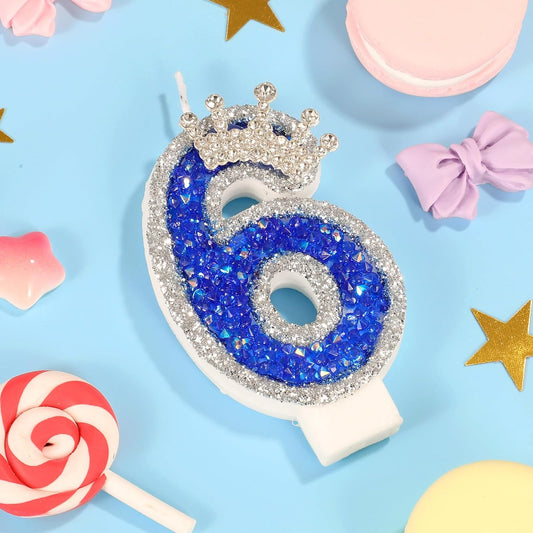 Blue Birthday Candle Crown Number 6 Candle with Sequins Cake Candles Cupcake Decorations Party Decor for Anniversary Celebrations Supplies