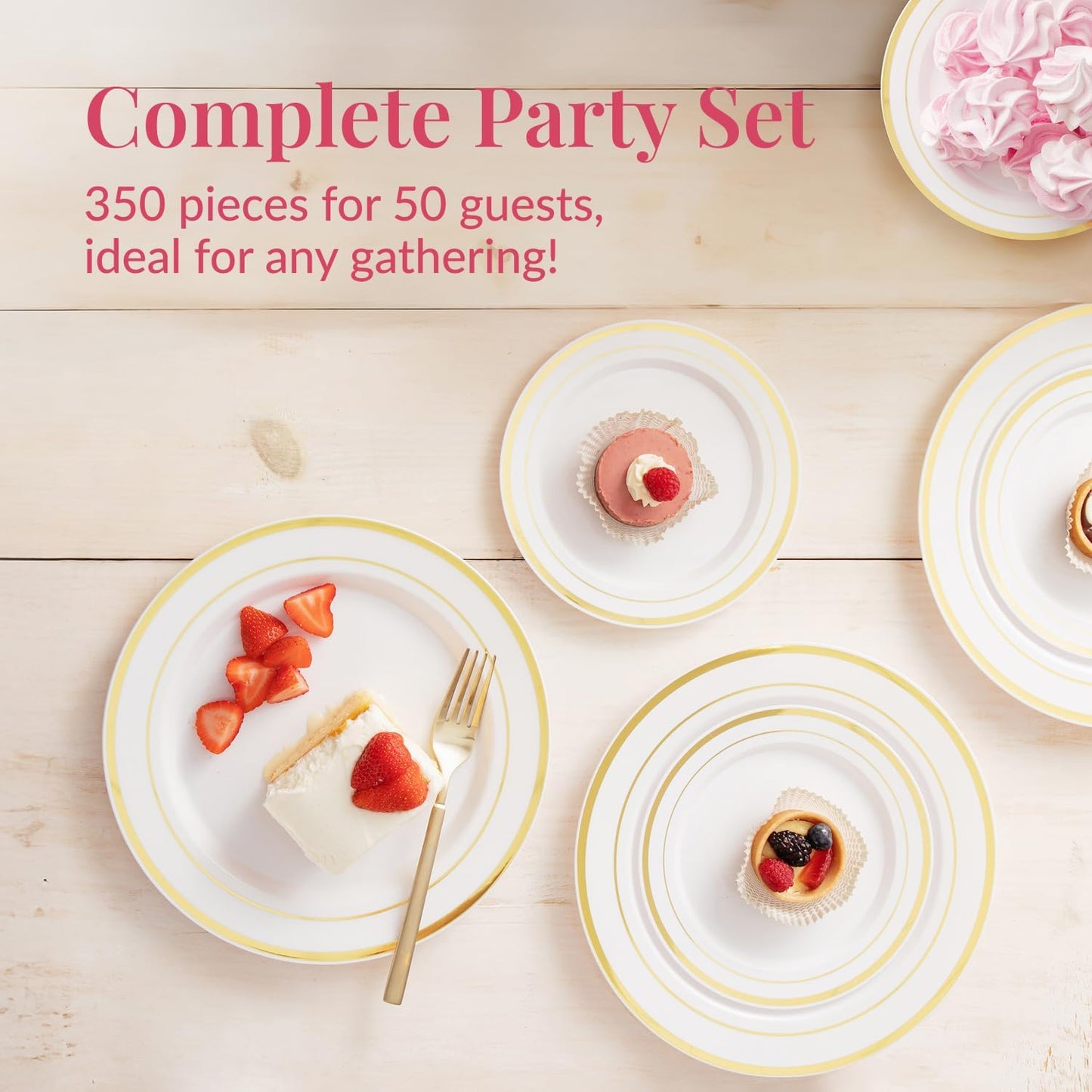 Prestee 350-Piece Engagement Party Decorations Disposable Dinnerware Set for 50 Guests - Fancy Plastic Dinner Ware Sets with Plates, Cups, Forks, Knives, Spoons - White and Gold Dinnerware Set