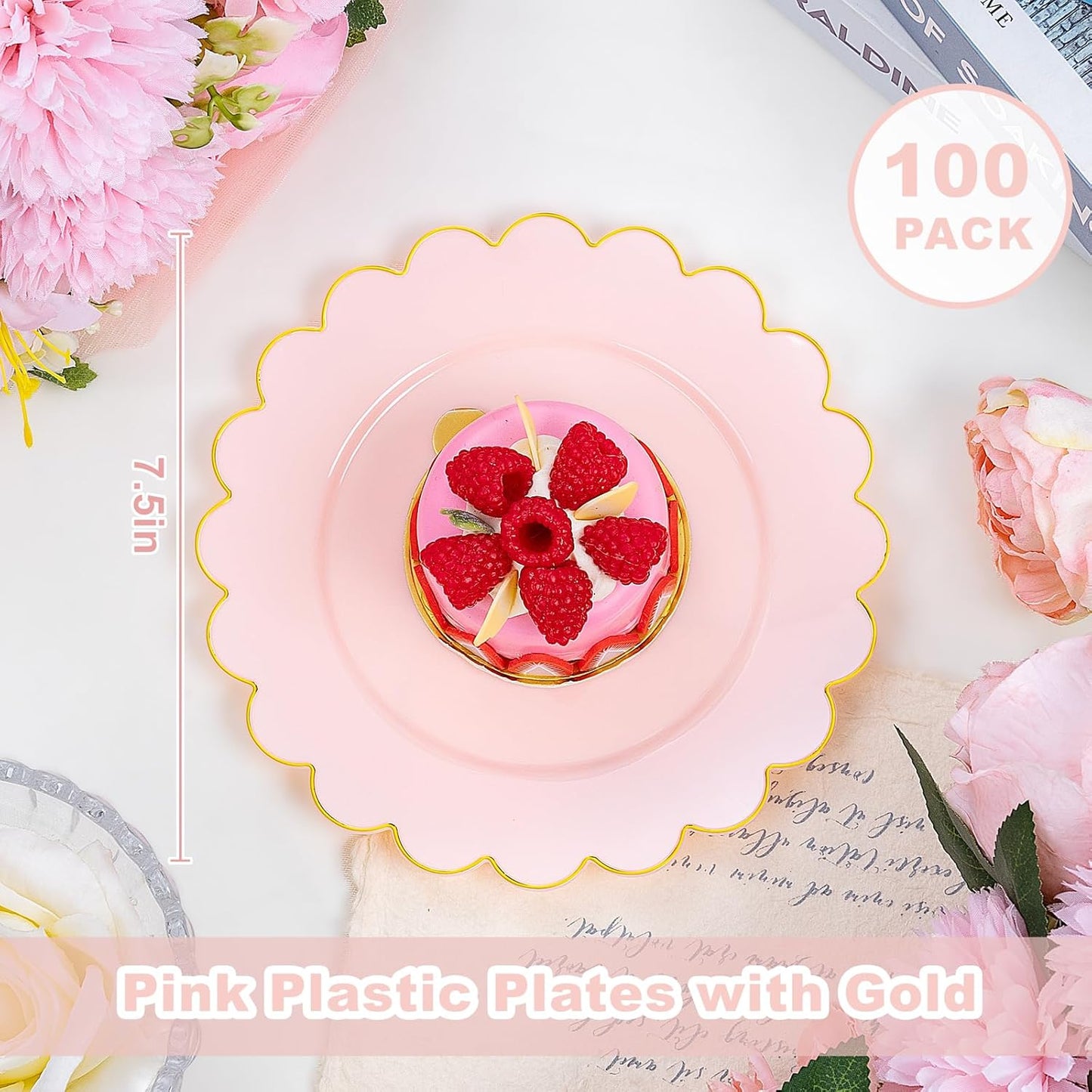 LIYH 100 Pcs 7.5" Pink Plastic Plates with Gold Disposable Pink Dessert Plates Gold Plastic Plate,Baby Shower Plate Set Suitable for Weddings Bridal Showers Afternoon Tea