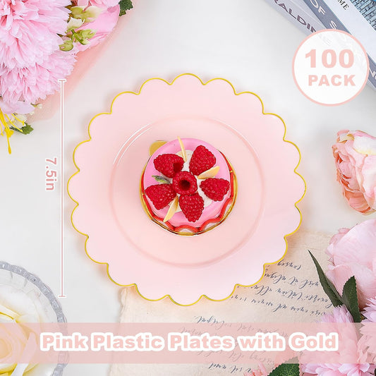 LIYH 100 Pcs 7.5" Pink Plastic Plates with Gold Disposable Pink Dessert Plates Gold Plastic Plate,Baby Shower Plate Set Suitable for Weddings Bridal Showers Afternoon Tea