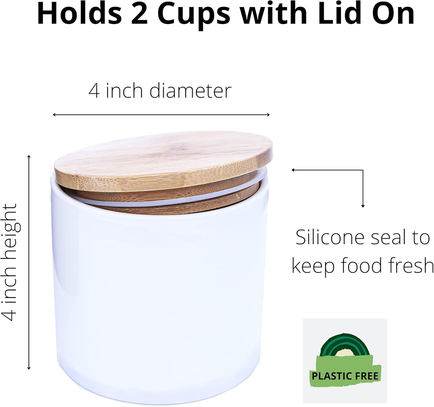 ARTHAUSEN White Ceramic 600mL 2 cup Food Storage Jar Canister with Airtight Bamboo Lid with Silicone Seal, Modern Farmhouse Design Food Container for Counter - Great for Tea Coffee Sugar Caddy