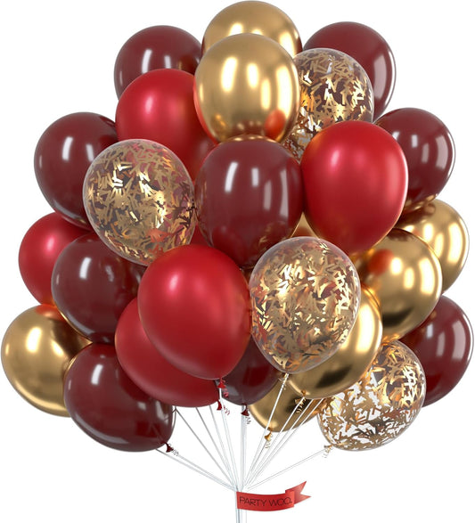 PartyWoo Burgundy Balloons 100pcs 12 Inch Metallic Gold Dark Red Maroon Confetti Balloons for Graduation Wedding Thanksgiving Birthday Bachelorette Citizenship Strawberry Casino Party Decorations