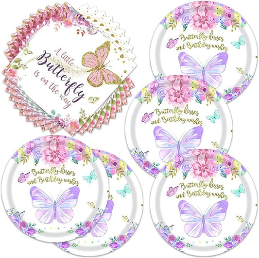 40pcs Butterfly Birthday Decorations Butterfly Tableware Paper Plates and Napkins for Girls Birthday Party Baby Shower