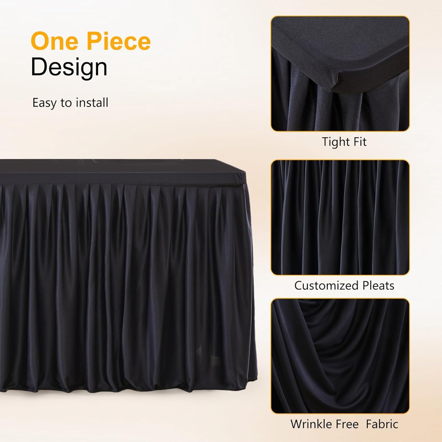 Black Polyester Table Clothes for 8 Foot Rectangle Tables, Wrinkle Free Fitted Table Cover with Pleated Ruffle Table Skirt for Birthday Party Wedding Trade Show Event Display