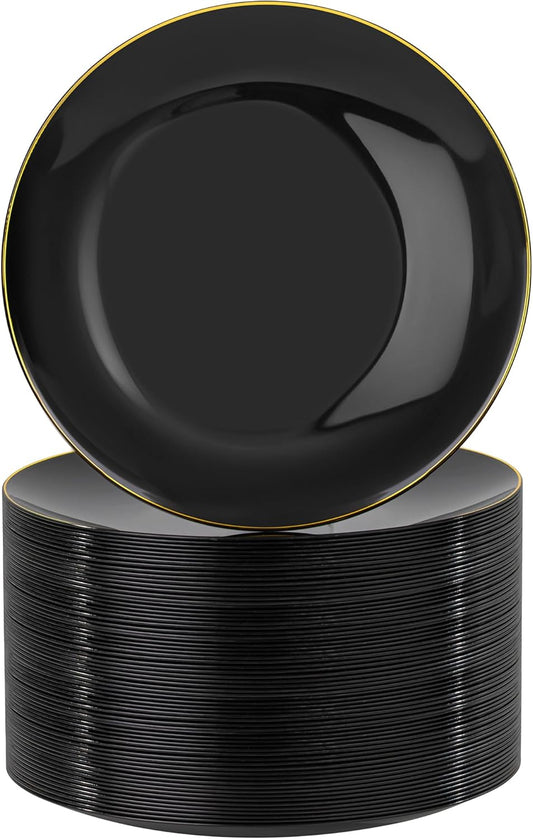 Nervure 100 Pieces Black Plastic Plates - 7.5inch Black Dessert Plates - Disposable Gold Plastic Plate - Disposable Plate Ideal for Wedding & Party & Halloween