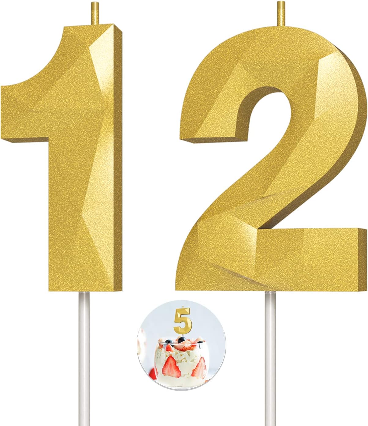 Number Birthday Candles(12 Candle Gold) 3D Diamond Shape Number Happy Birthday Cake Candles for Birthday Party Wedding Decoration Reunions Theme Party