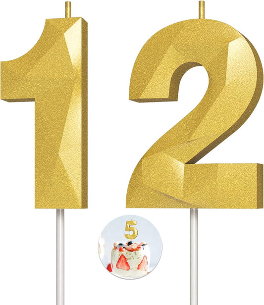 Number Birthday Candles(12 Candle Gold) 3D Diamond Shape Number Happy Birthday Cake Candles for Birthday Party Wedding Decoration Reunions Theme Party