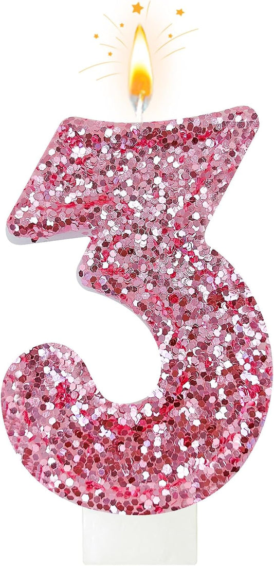 Birthday Number Candles, Glitter Number Candle Cake Decorations with Sequins, Cupcake Decorations for Girls, Women, Party Anniversary Celebrations (Number 3, Pink)