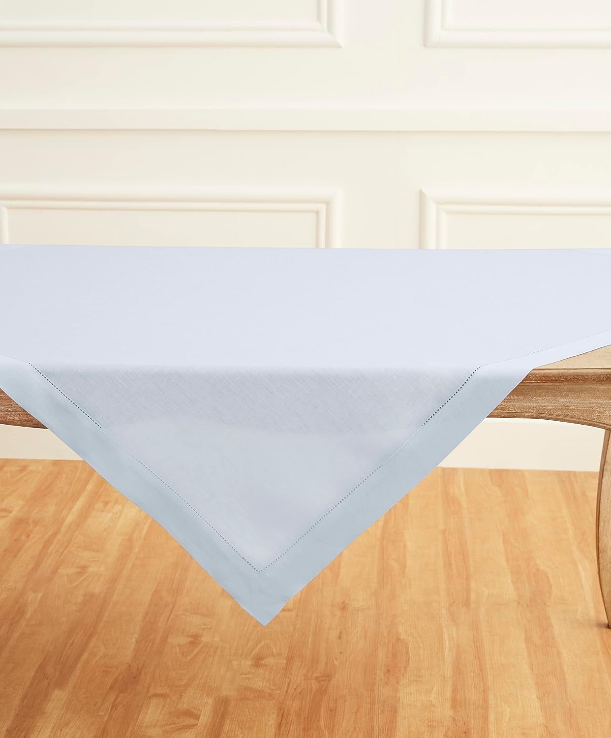 Solino Home Light Blue Linen Tablecloth 52 x 52 Inch - 100% Pure Linen Square Table Throw - Classic Hemstitch, Machine Washable Table Cloth