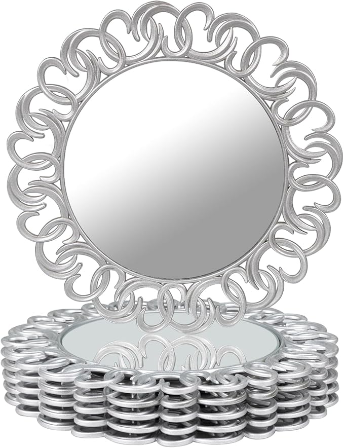 MAONAME 13" Silver Charger Plates Set of 6, Mirror Charger for Dinner Plates, Plastic Plate Chargers with Entwined Swirl Rim, Round Chargers for Table Setting, Wedding