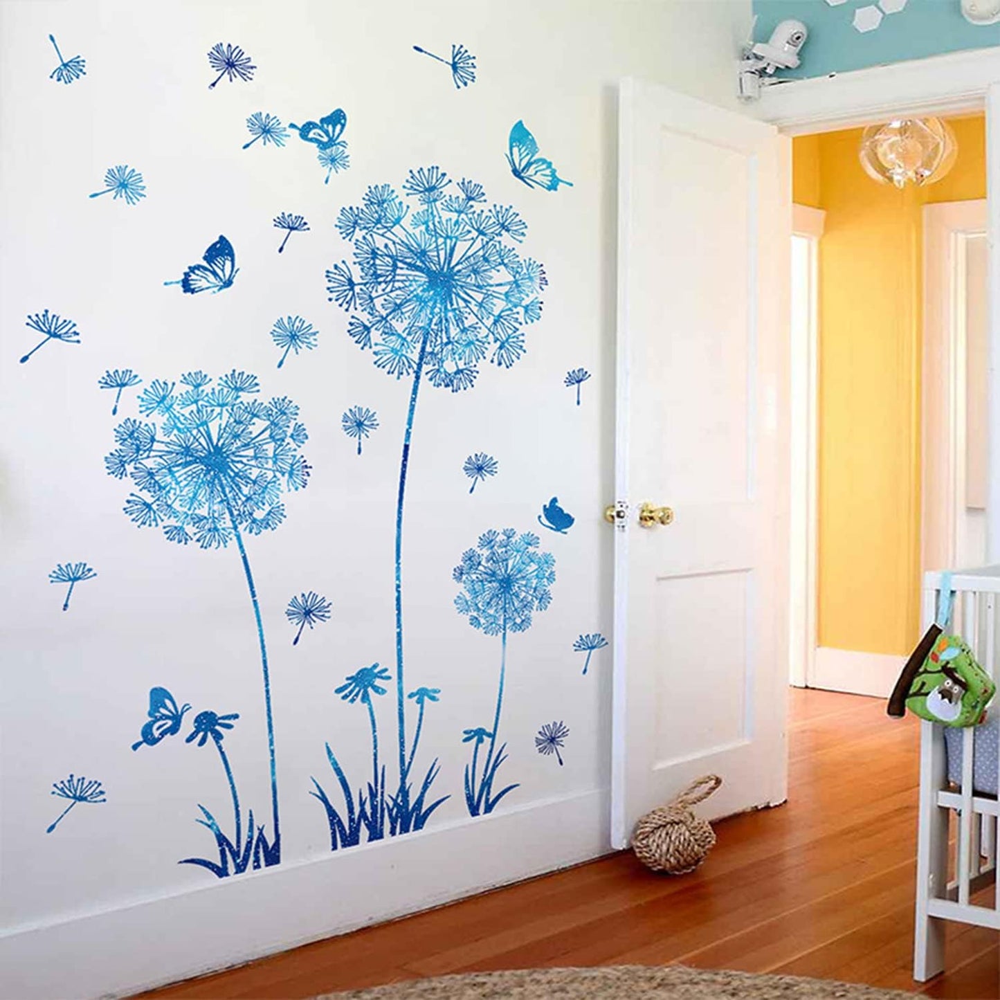 2 Set Dandelion Wall Decals - Blue Flower Stickers, Murals, Butterflies Decor for Bedroom, Office, Bathroom, Living Room - Floral Removable Peel and Stick Room Decoration