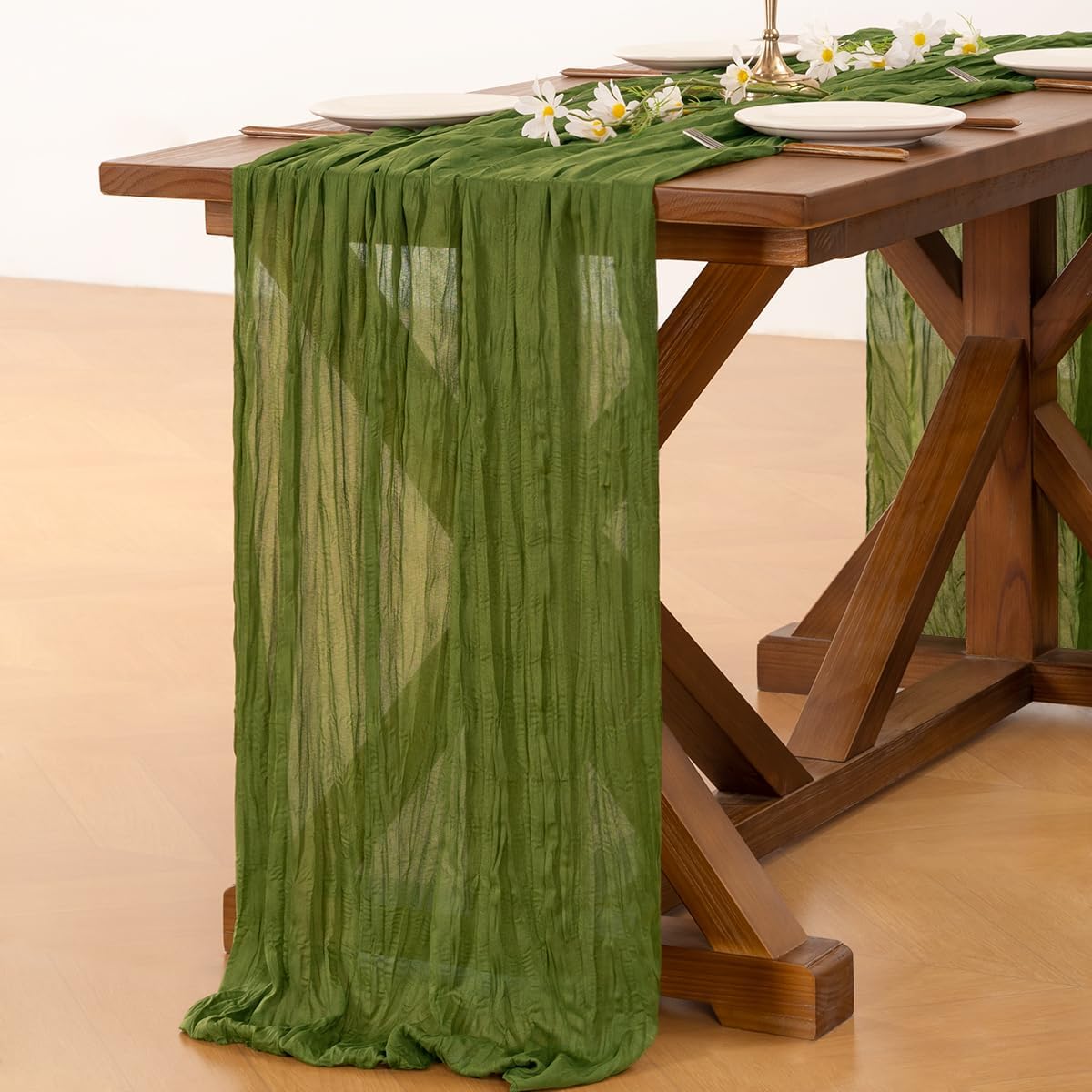 Socomi Olive Green Fall Thanksgiving Cheesecloth Table Runner Boho Rustic Gauze 120 inch 10FT Cheese Cloth Runner for Wedding Party Baby Shower Birthday Home Decor Holiday Decorations