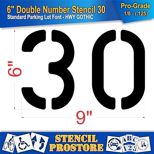 Pavement, Curb, and WheelStop Stencils - 6 inch Double Number Stencil - (30) - 6" x 9" x 1/8" (128 mil) - Pro-Grade