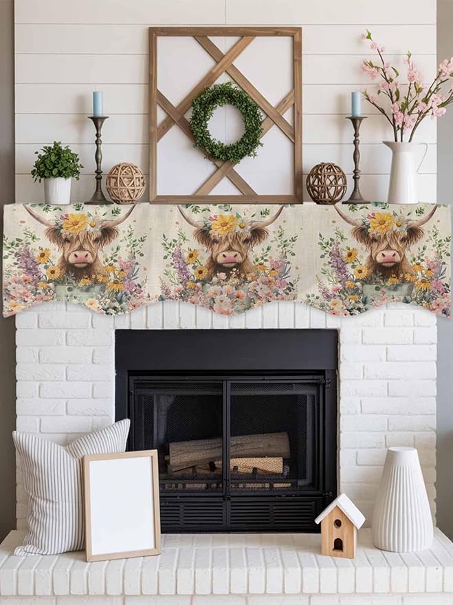 Spring Cow Floral Fireplace Mantel Scarf Table Runner, Green Eucalyptus Leaves Linen Winter Garland Mantel Top Tablerunners Dresser Scarves Cover Decorations for Windows Party Living Room 90''x17''