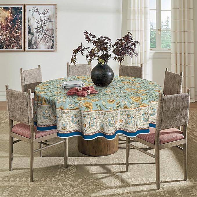 Horaldaily Rustic Round Tablecloth 70x70 Inch Round, Bird Floral Vintage Washable Seasonal Table Cover for Party Picnic Dinner Decor