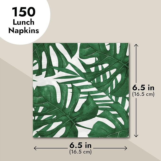 BLUE PANDA Tropical Napkins Palm Leaf Design - 6.5 x 6.5 in Folded, 150 Count, 2-Ply, Green & White - Tropical Leaf Cocktail & Tiki Napkins for Luau & Jungle Themed Parties
