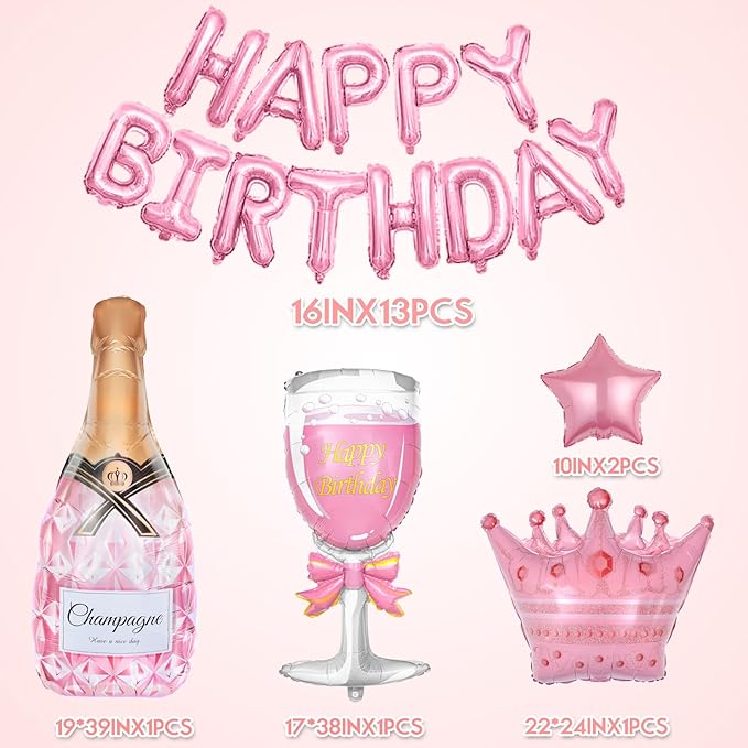 Amandir Pink Birthday Decorations for Women Girls, Silver Pink Confetti Foil Balloons Happy Birthday Banner Butterfly Fringe Curtains Cake Topper for Princess Party Supplies Decor