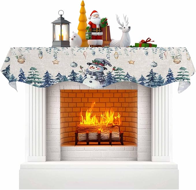 Blue Snowman Christmas Fireplace Mantel Scarf Table Runner, Xmas Snowflake Eucalyptus Leaves Rustic Winter Garland Mantel Top Tablerunners Dresser Scarves Cover for Windows Party Living Room 70''x17''