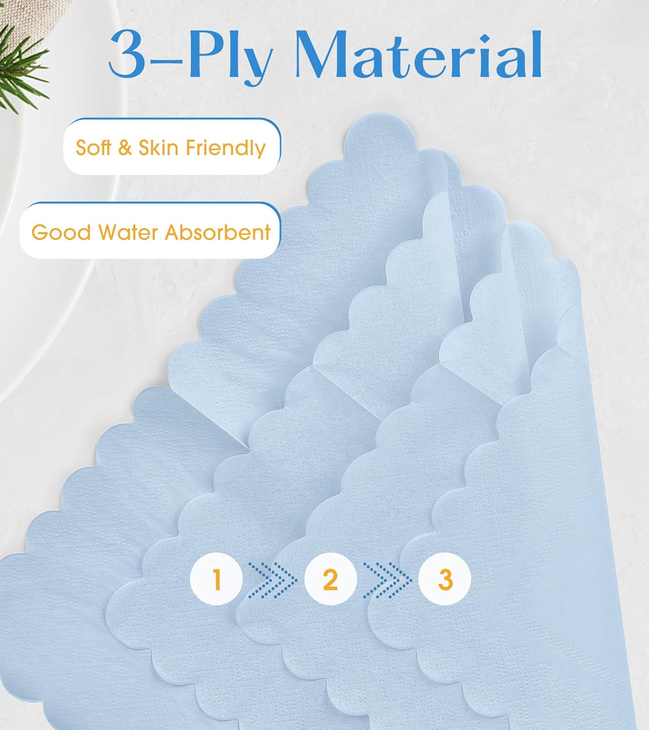 100 Pack Cocktail Napkins, 3-Ply Scalloped Edged Wedding Napkins Folded 5 x 5 Inches Dessert Napkins, Disposable Napkins for Dinner Birthday Party Bridal Anniversary Baby Shower Reception (Light Blue)
