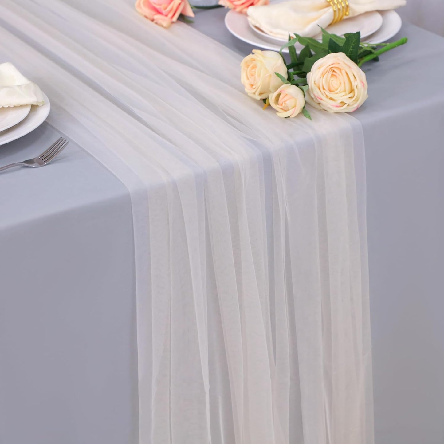 Snowkingdom Ivory Table Runner, 10 FT Sheer Tulle Cheesecloth Gauze, Boho Elegant Table Decoration for Home Party Wedding Birthday Baby Shower Christmas Holiday