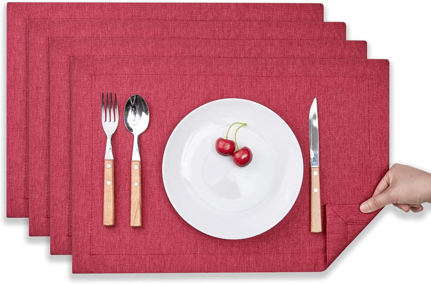 Mebakuk Cloth Placemats, Machine Washable Linen Style Thick Place Mats, Heat Resistant and Easy to Clean Fabric Table Mats for Kitchen Dining Table (Wine Red, Set of 4)