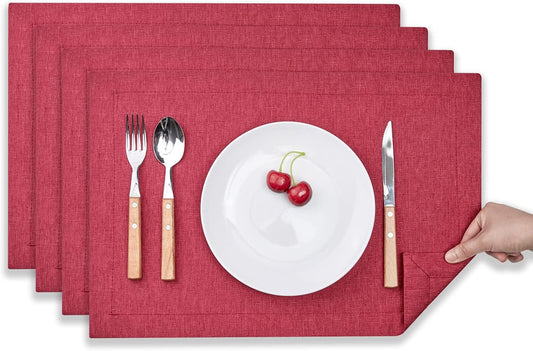 Mebakuk Cloth Placemats, Machine Washable Linen Style Thick Place Mats, Heat Resistant and Easy to Clean Fabric Table Mats for Kitchen Dining Table (Wine Red, Set of 4)