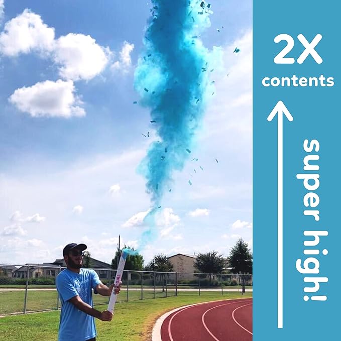 24” X-large Gender Reveal Confetti & Powder Smoke Cannon | 2 Blue Poppers | Biodegradable | Alternative to Gender Reveal Smoke Bombs Extinguisher | Baby Gender Reveal Decorations | TUR Party Supplies