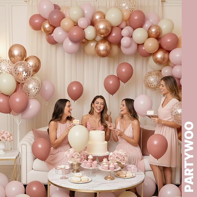 PartyWoo Dusty Pink Balloons 65pcs 12 Inch Blush Rose Pink Metallic Rose Gold Nude Boho White Sand Confetti Balloons for Baby Shower Birthday Gender Reveal Wedding Anniversary Party Decorations