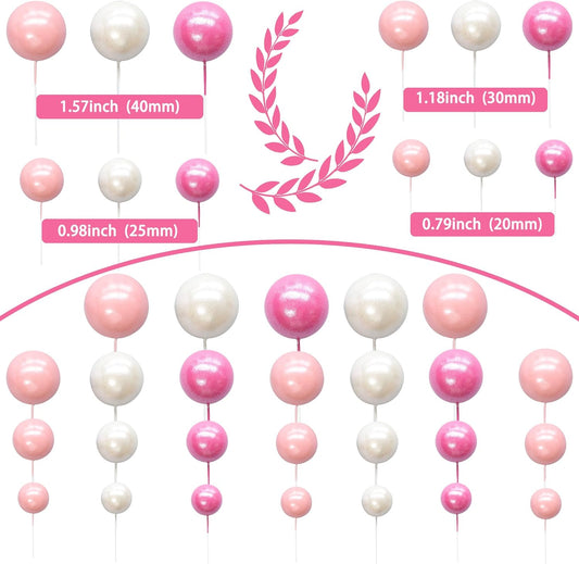 Ephlyn 30Pcs Balls Cake Topper Foam Ball Cake Picks Mini Balloon Cupcake Insert Bubble Balls DIY Decoration for Baby Shower Kids Birthday Party Decorations Pearl White Pink Rose Red