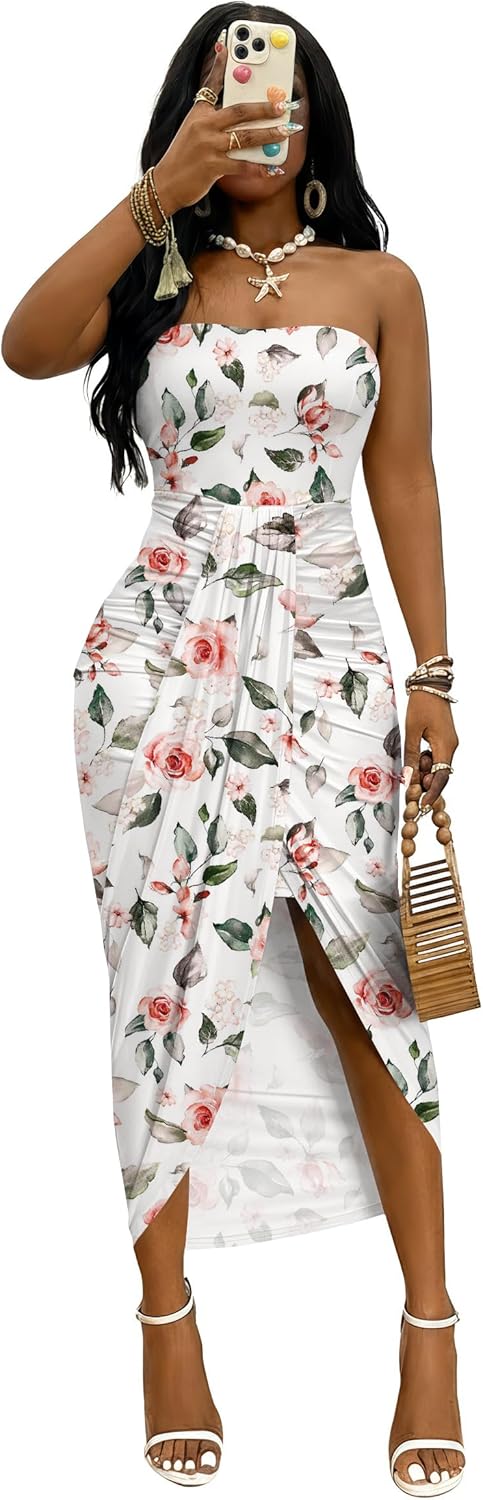 Umenlele Women's Strapless Ruched High Waist Wrap Split Asymmetrical Beach Maxi Long Dress