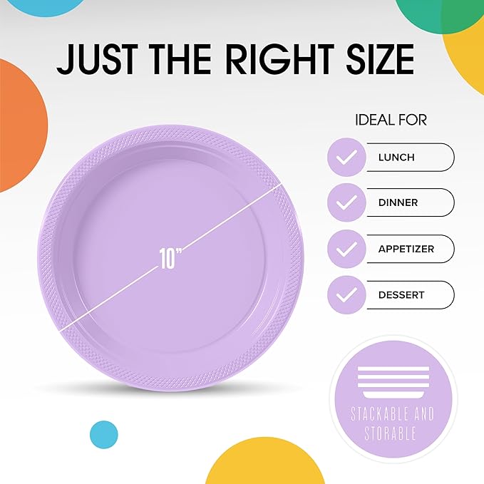 Exquisite Party Solids Lavender Plastic Plates For Party Supplies 10" Lavender Disposable Plates Heavy Duty 50 Pcs Plastic Dinnerware Sets Heavy Duty 350 GSM Disposable Dinnerware Set