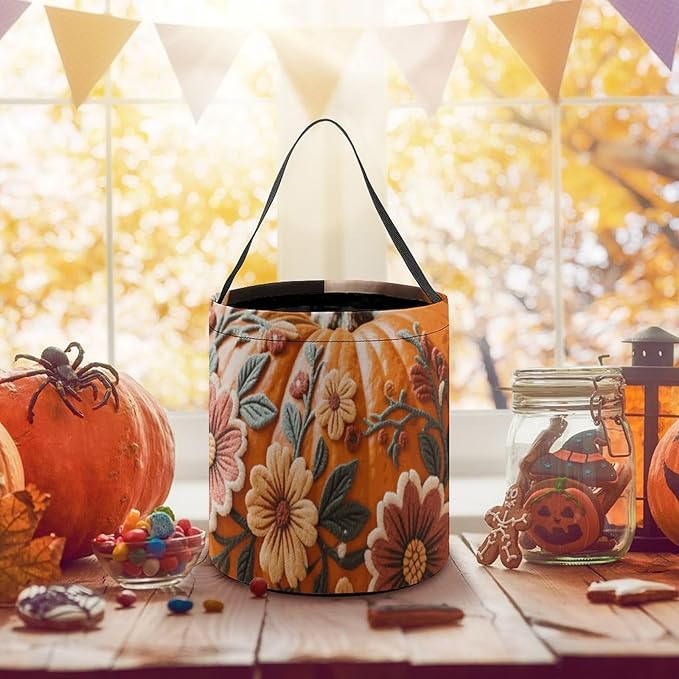 Halloween Candy Bucket - Fall Pumpkin Ethic Boho Floral Trick Or Treat Candy Bag, Gift Bag for Party Favor Supplies