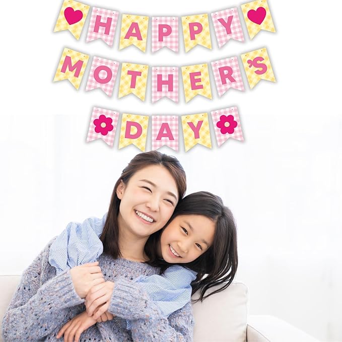 Happy Mother's Day Banner Set Decoration for Mother's Day Party Decorations Backdrop Garland for Mom Mother's Day Glitter Garland Photo Props (Yellow Heart Plaid)