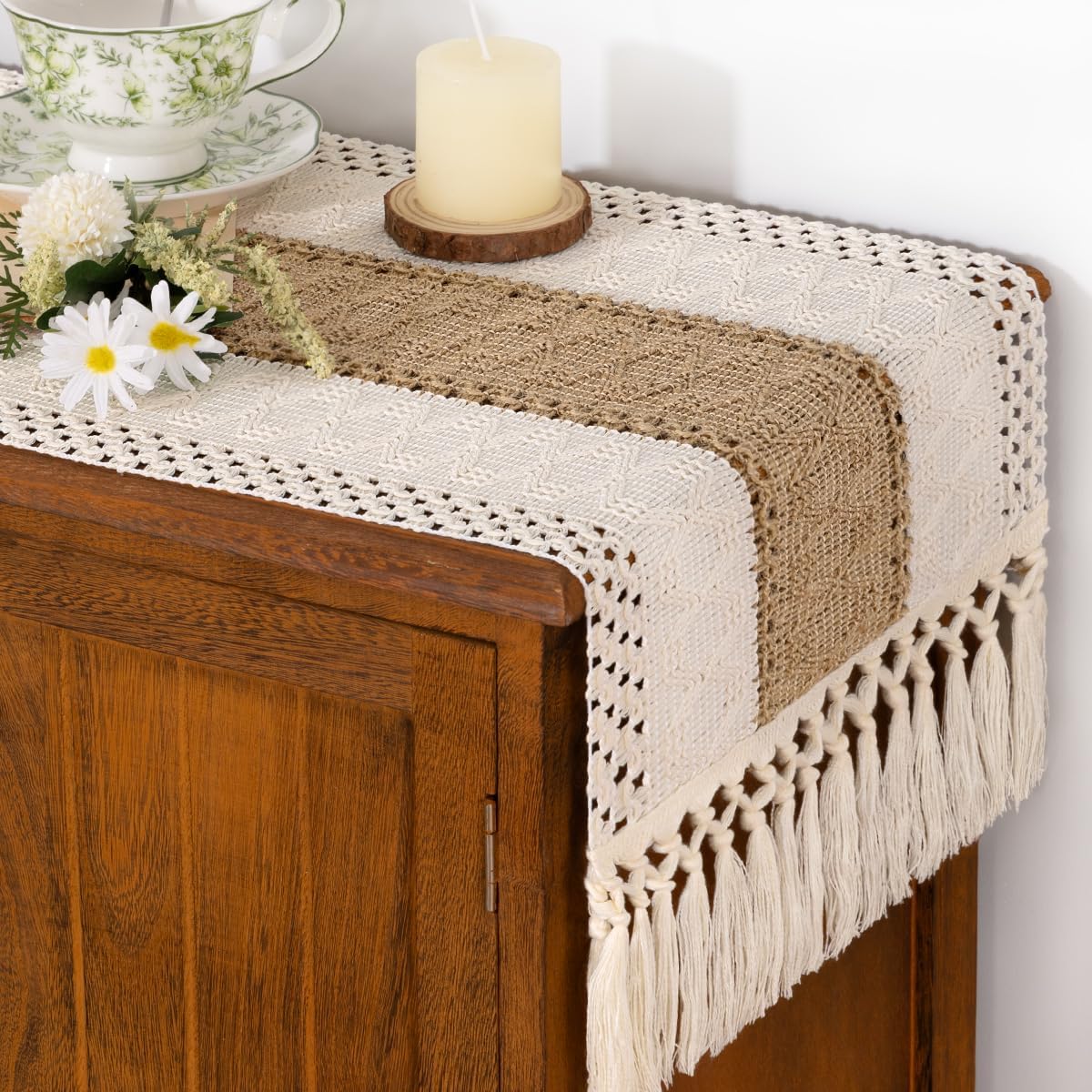Socomi Boho Table Runner Fall Thanksgiving Farmhouse Rustic Dining Kitchen Centerpiece Decor Small Macrame Woven Cotton Linen Coffee Table Runner for Dresser Scarf Home Decor 12x60 inch